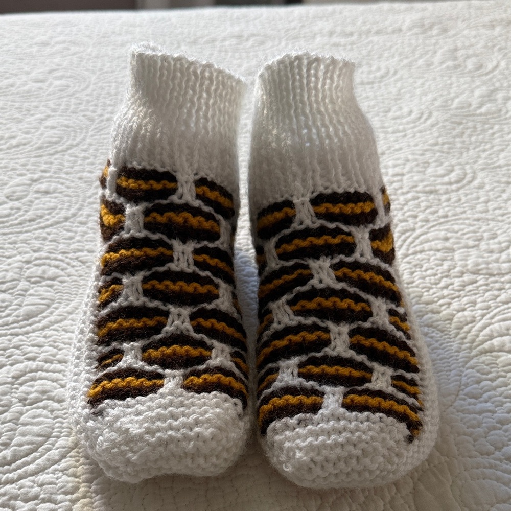 White Knit Patterned Women's Socks with Black and Gold Accents